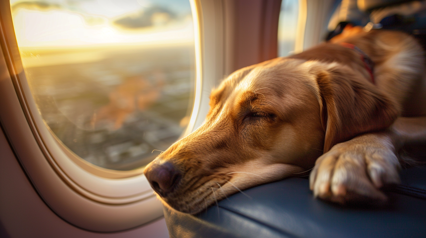 Dog resting peacefully on a flight, showcasing pet relocation Dubai services for a stress-free journey.